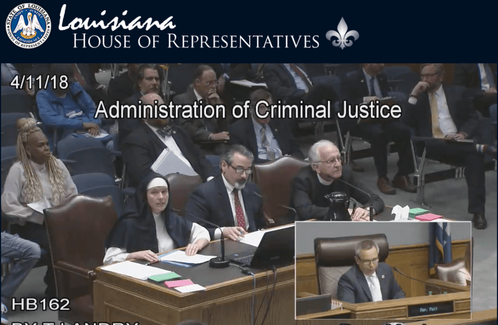 The Louisiana House of Representatives Committee on the Administration of Justice hears testimony on HB 162 on April 11, 2018. The bill, which would have abolished the state's death penalty, failed by one vote in the committee.