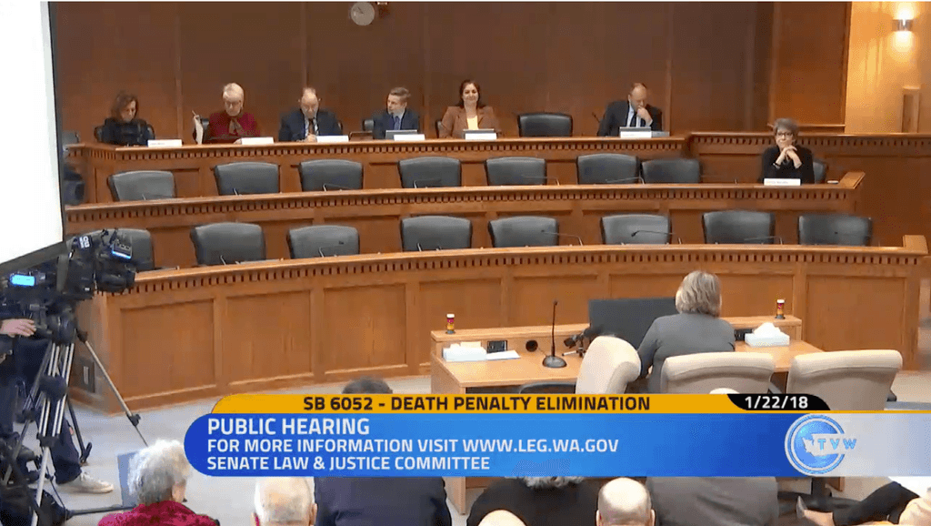 The Washington Senate Law and Justice Committee hears testimony on SB 6052, to abolish the state's death penalty, on January 22, 2018. The bill passed in the Senate and a House Committee, but was not voted on by the full House prior to adjournment of the legislative session.
