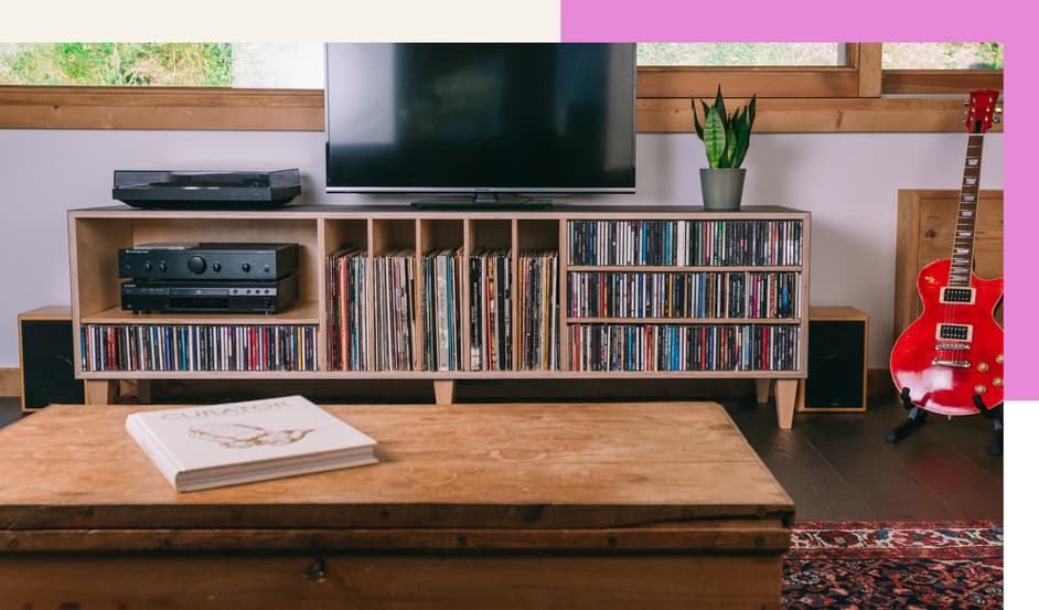 Berchen birch plywood audio sideboard finished in Charcoal Forbo Furniture Linoleum