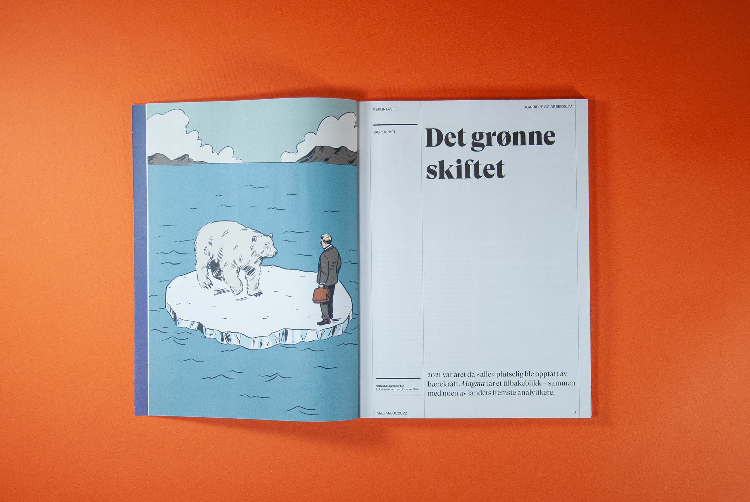 Bildet viser et oppslag av hvordan en ny del i tidsskriftet kan se ut. På venstre side er det en illustrasjon av en isbjørn og en mann på et isflak. På høyre side står det "Det grønne skiftet".
