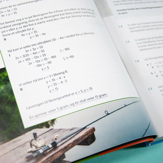 Bildet viser et utsnitt av en bok. Nederst er det et bilde av en brygge og en fiskestang, og opp bildet er det en tekstboks med regnestykker.