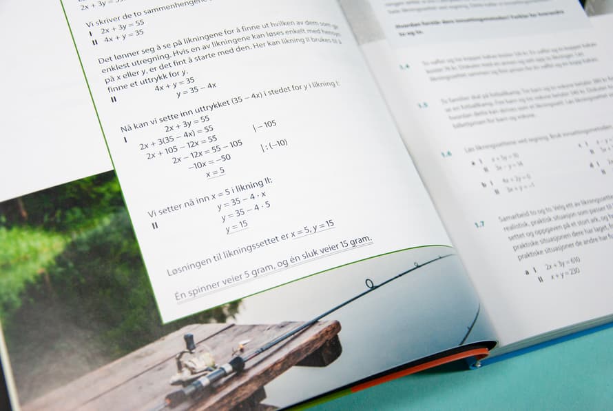 Bildet viser et utsnitt av en bok. Nederst er det et bilde av en brygge og en fiskestang, og opp bildet er det en tekstboks med regnestykker.