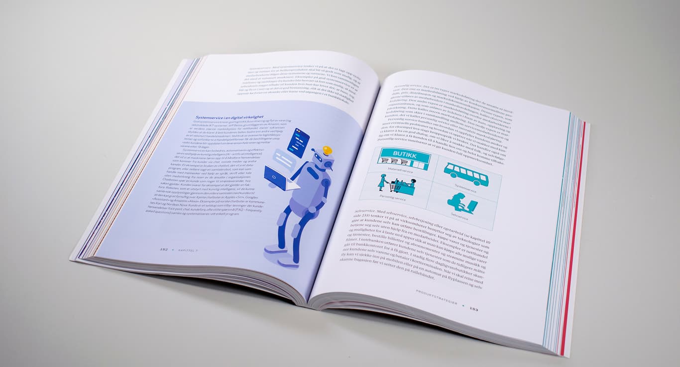 Bildet viser et oppslag en av bok med tekst. På 2/3 av siden å venstre side, er det en lilla bakgrunn på teksten, med en illustrasjon av en robot. På høyre side er det en illustrasjon av en buss, butikk og mennesker