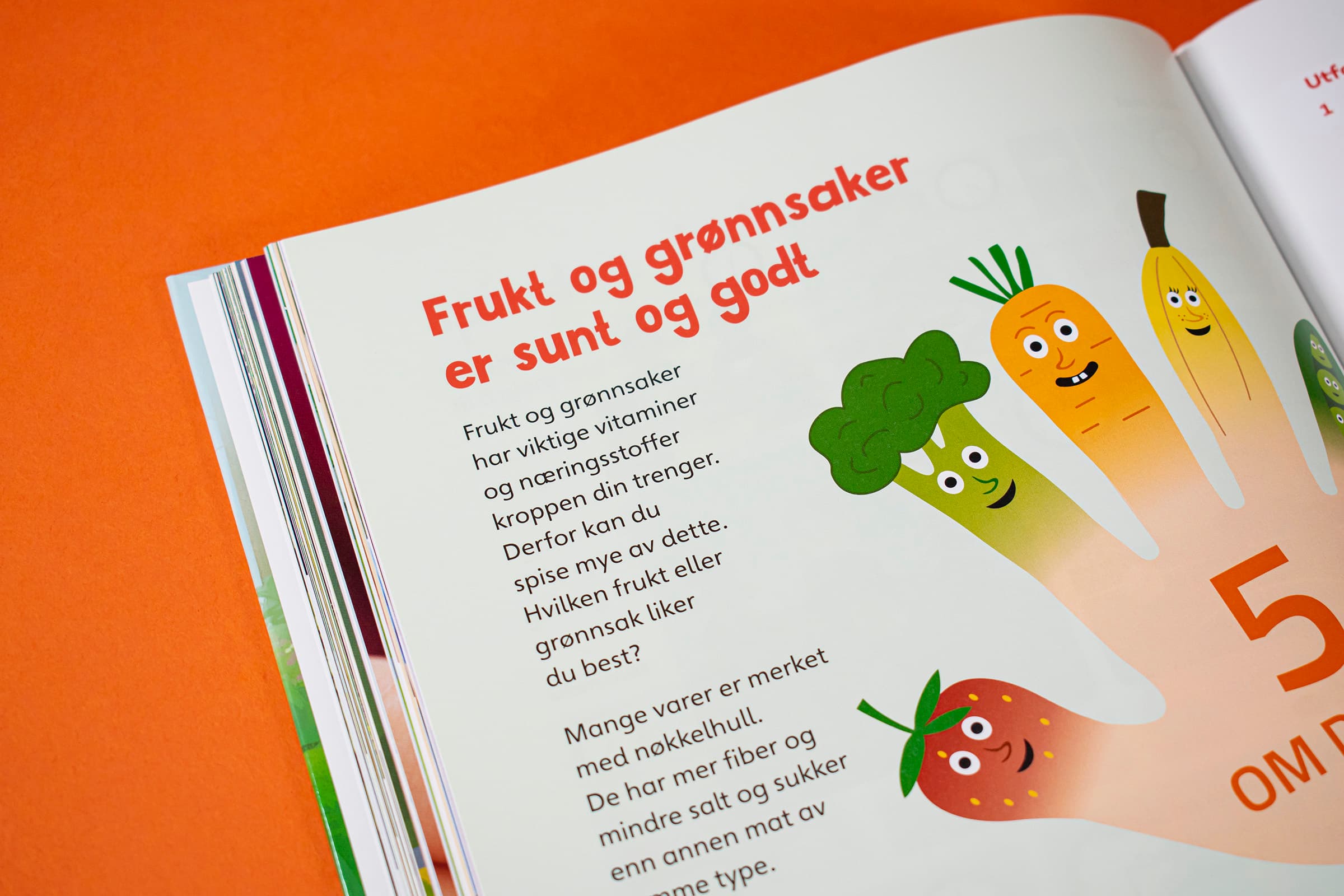 Et detaljfoto av tittelen "Frukt og grønt er sunt og godt".