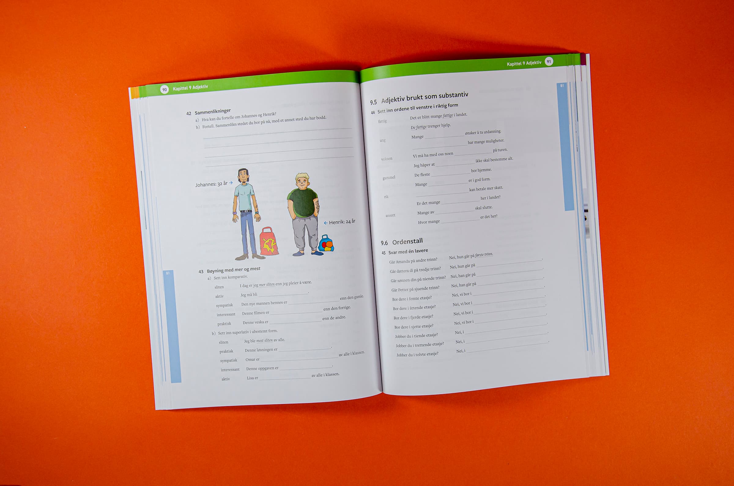 Bildet viser en oppgaveside i boken med en illustrasjon av to personer i midten.