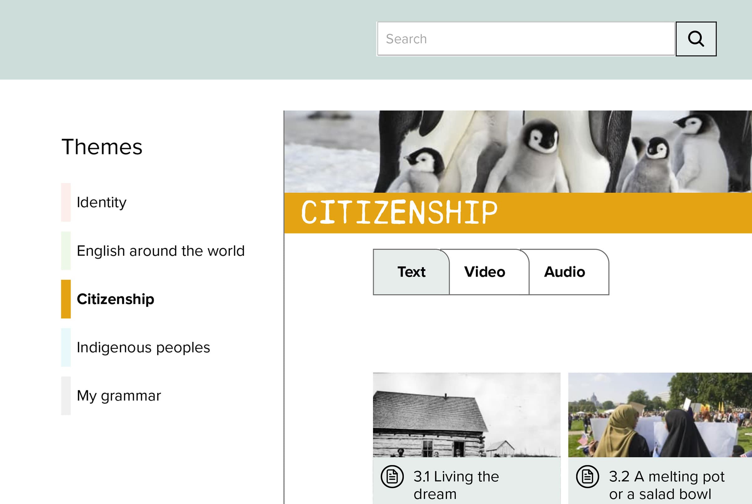 Bildet viser et utsnitt av en skjermdump fra siden "Citizenship" i nettressursen. Fanen "text" er fremhevet.