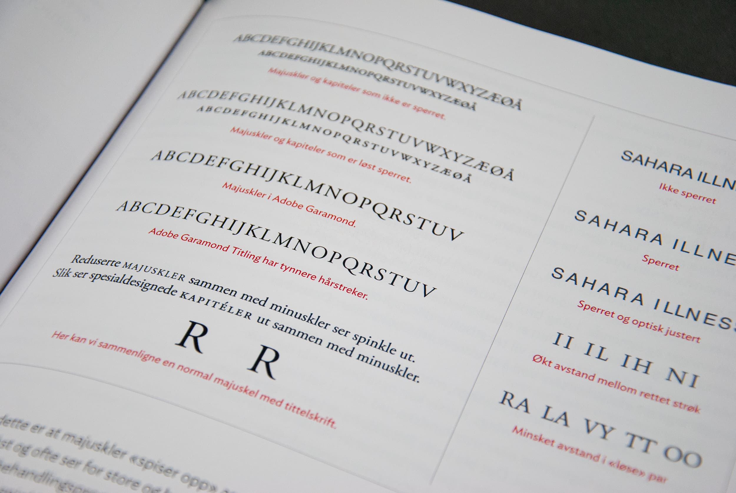 Bildet viser et utsnitt av en side i boken hvor ulike typer fonter og typografiske grep presenteres.
