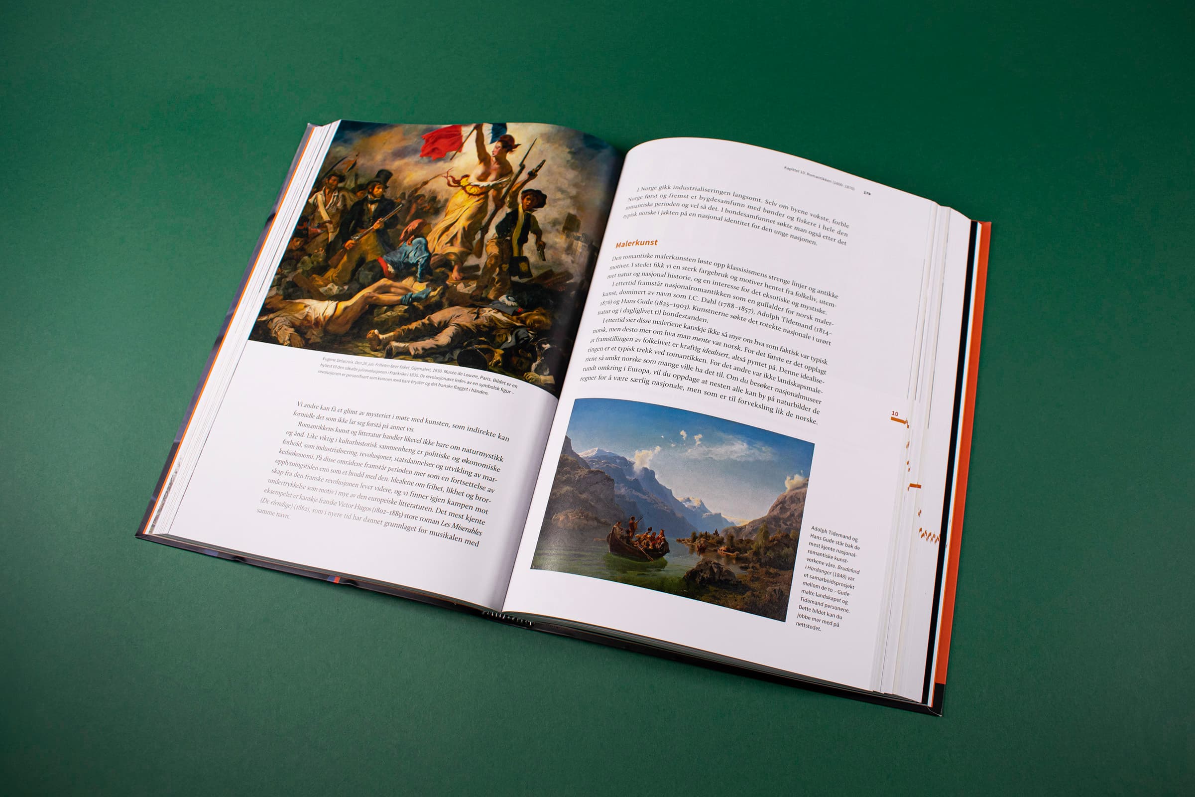 Bildet viser et oppslag i boken med to store bilder, bildetekst og brødtekst. På bokens ytterkant er det et navigasjonselement som indikerer hvor det starter et nytt kapittel og hvor stort det er.
