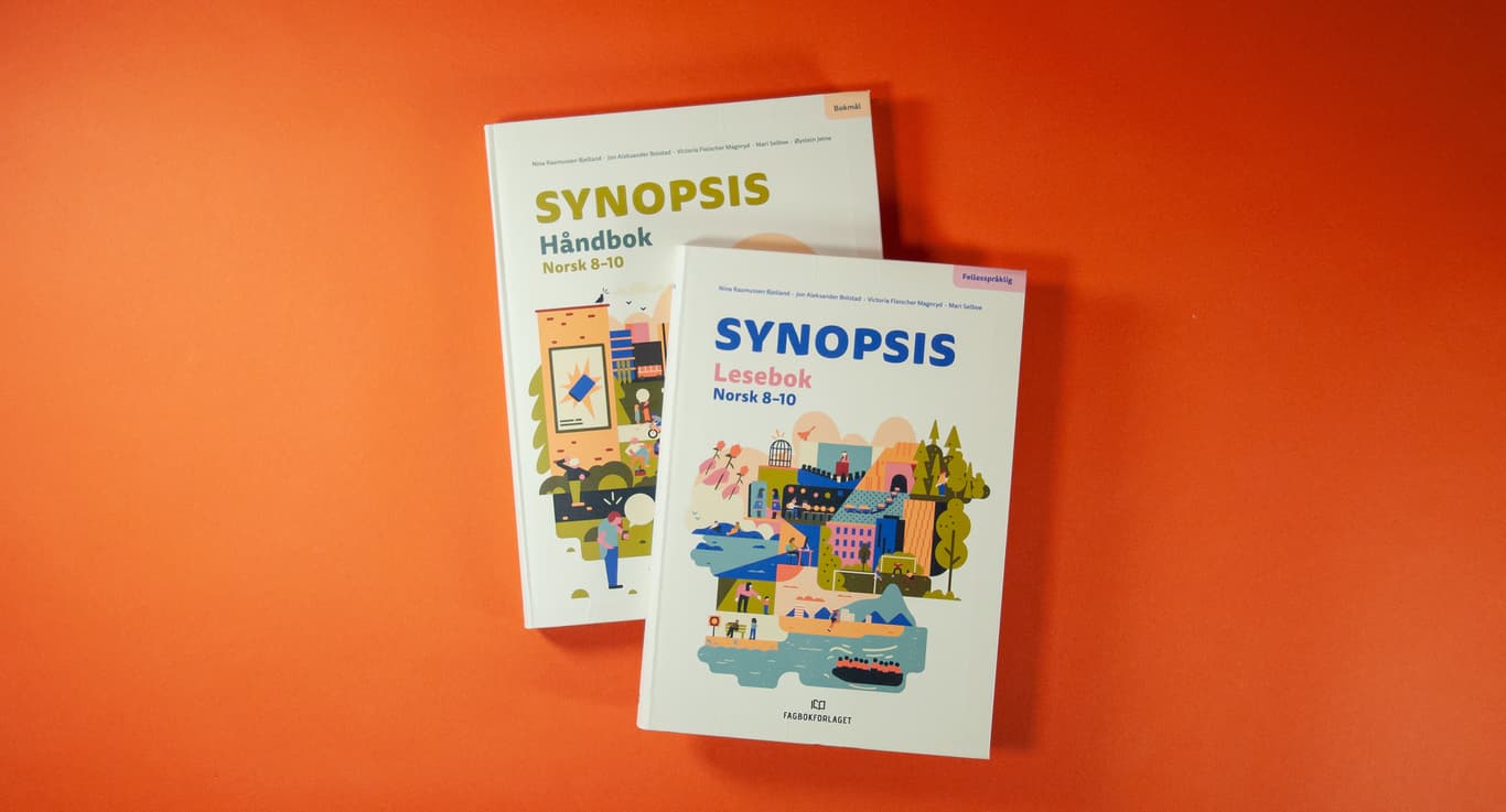 Bildet viser omslaget til leseboken og håndboken. Begge har tittelen "Synopsis" og en fargerik illustrasjon.