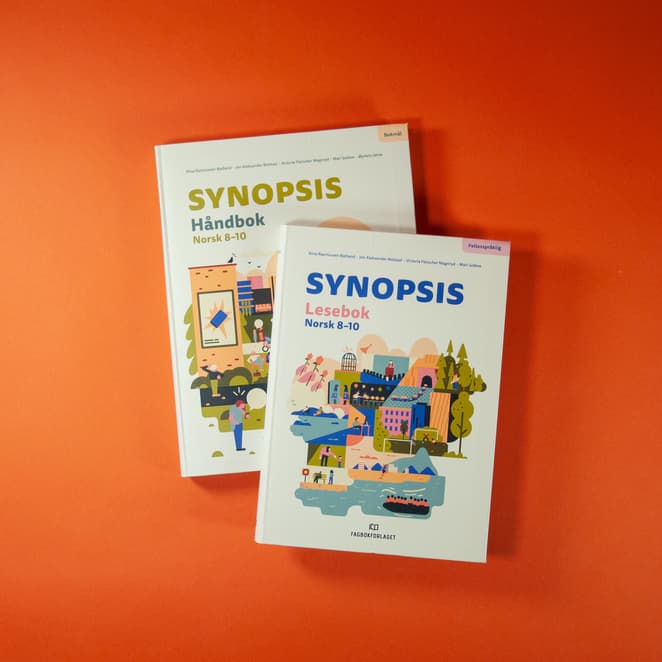 Bildet viser omslaget til leseboken og håndboken. Begge har tittelen "Synopsis" og en fargerik illustrasjon.