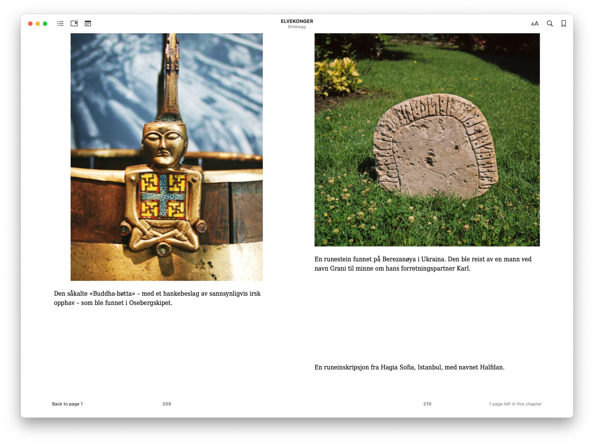 Bildet viser et oppslag av Elvekonger i en e-bok-leser. Oppslaget viser to bilder og bildetekster. Det ene bildet viser en Buddha-figur og det andre er av en stein.