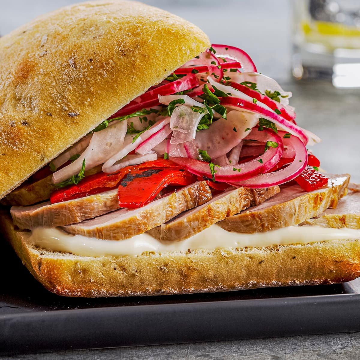 sliced small rosemary focaccia sandwich
