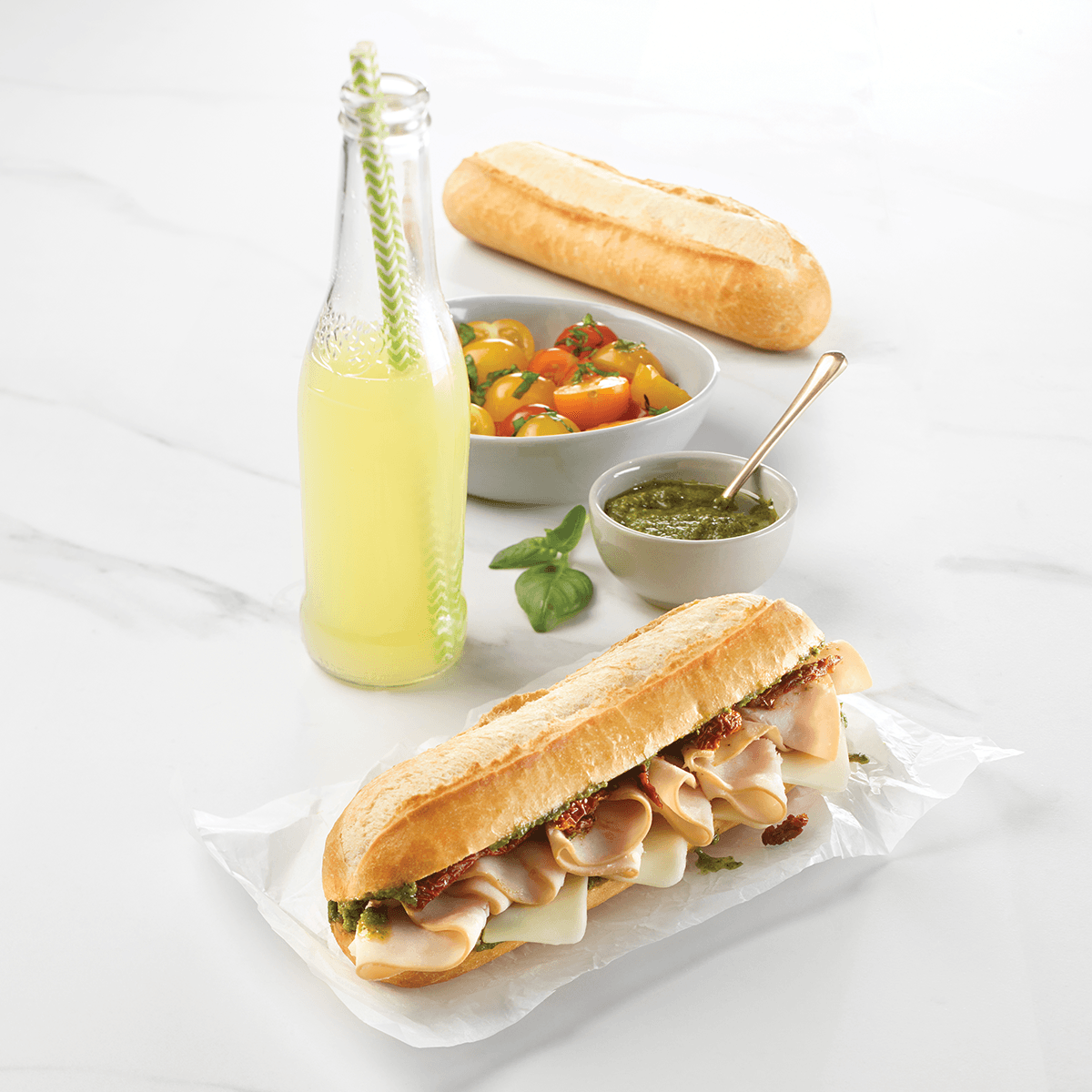 French panini roll with turkey and pesto