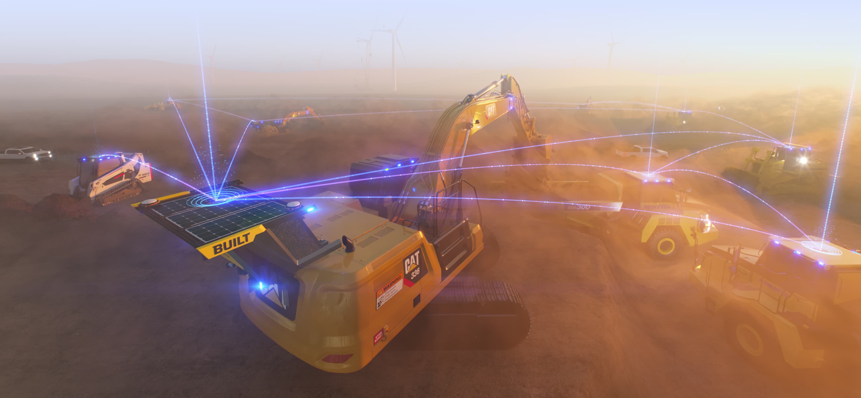 A Rendered Graphic of Various Autonomous Heavy Equipment Working Together on a Construction Jobsite