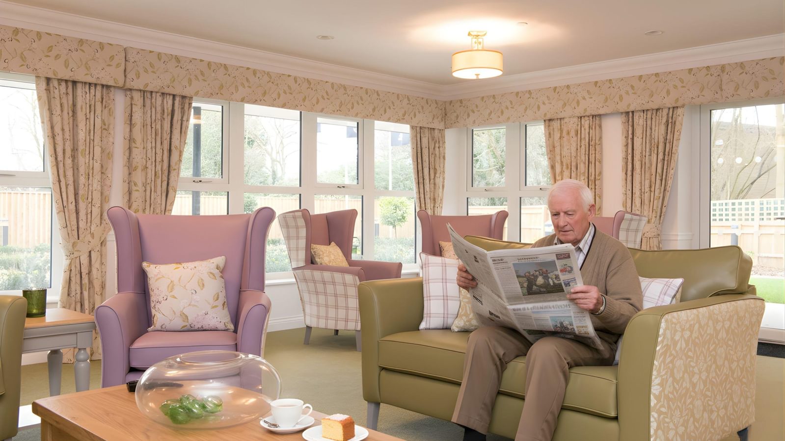 Benson House Care home resident lounge with a resident reading the paper