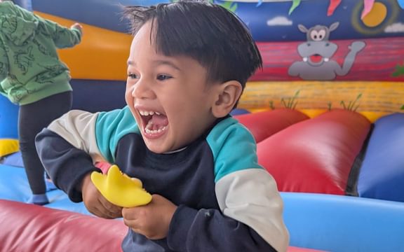 Happy little boy on bouncy castle