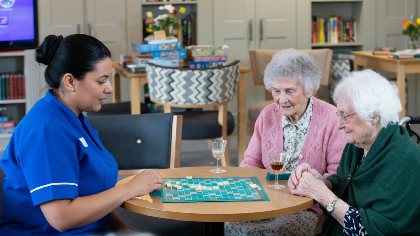 Broadbridge Hero image wellbeing person playing scrabble with two female residents