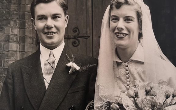Black and white picture of couple on their wedding day