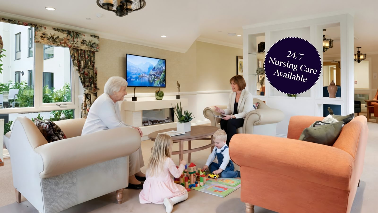 Tarring Manor Care Home resident with family in the lounge