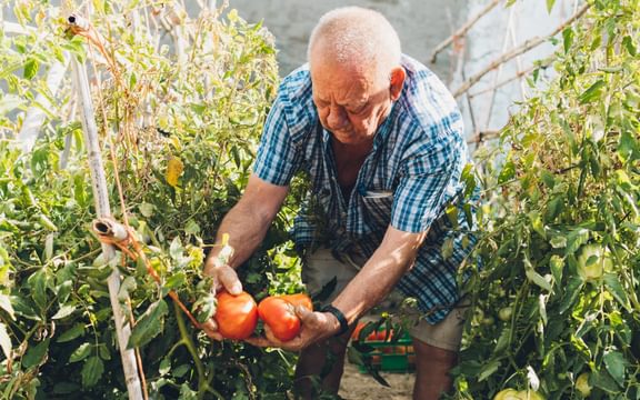 Elderly resident at a care home with a garden outside