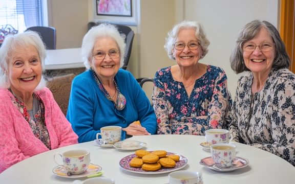 Elderly ladies sitting in a care home attending a community cafe for those living with dementia
