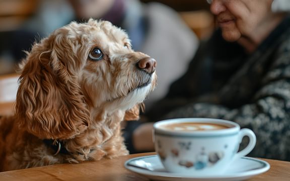 Dog with a coffee at care home dog walkers cafe