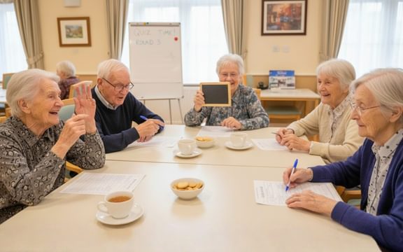 care home residents enjoying social time together with a quiz