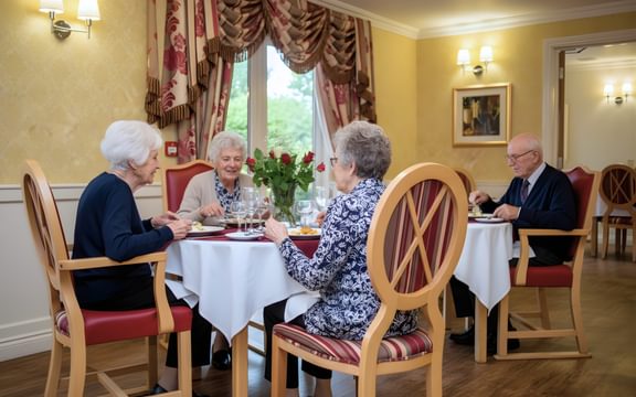 Care home residents enjoying nourishing meals together
