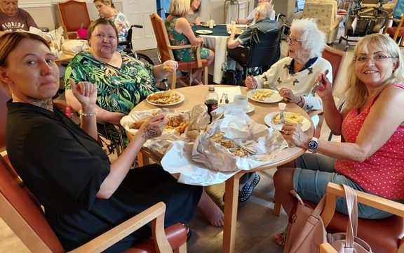 The team and residents at Brooklyn House Care Home in Attleborough enjoying fish and chips