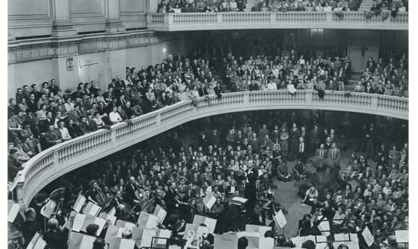 Archival black and white photograph of the Orchestra performing at the Royal Albert Hall