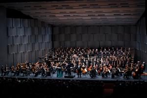 Photograph of Kazuki Yamada, the CBSO and the CBSO Chorus performing in Monaco.