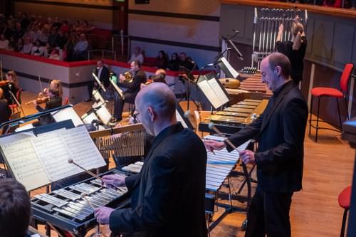 Photograph of Toby Kearney and other percussionists performing at Symphony Hall