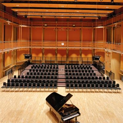 CBSO Centre hall with chairs laid out facing a piano
