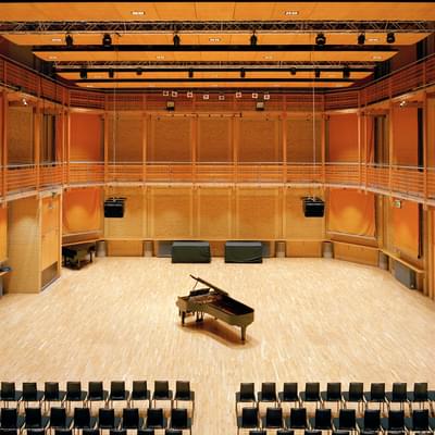 CBSO Centre hall with chairs laid out facing a piano