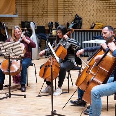Photograph of four cellists rehearsing at the CBSO Centre