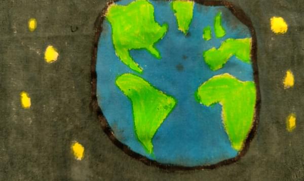 Child's drawing of the Earth surrounded by stars