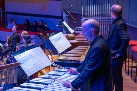 Photograph of Percussionist Adrian Spillett playing the xylophone at Symphony Hall