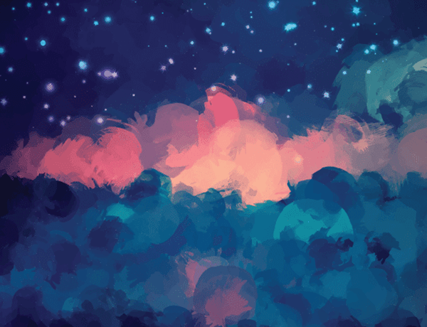 Illustration of a night sky and candyfloss coloured clouds.