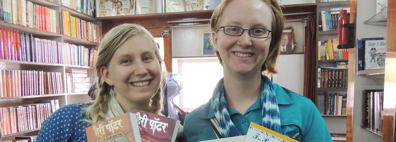 Two Hindi students visit a bookshop in Jaipur, India.