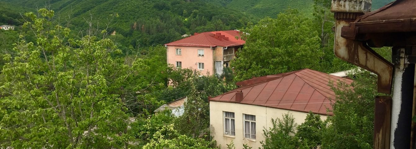 Apartment buildings amongst green hills in Georgia.