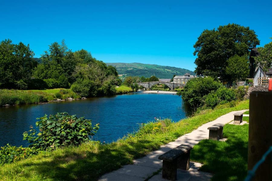 Riverside view of LLanrwst' famous bridge