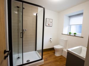 Oak Wood Apartment | Modern Bathroom With Walk In Shower