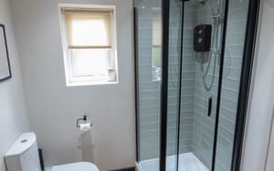 Wild Privet Cottage | Modern Bathroom With Walk In Shower in holiday lodge