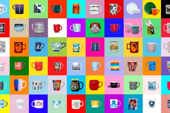 A colourful selection of mugs presented as a graphic collage