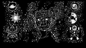 Black and white illustration of a woman in the middle, surrounded by stars.