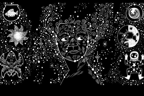 Black and white illustration of a woman in the middle, surrounded by stars.
