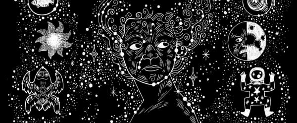Black and white illustration of a woman in the middle, surrounded by stars.