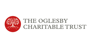 A red circle with a white tree illustration inside it, next to the words 'the oglesby charitable trust' in black capital letters
