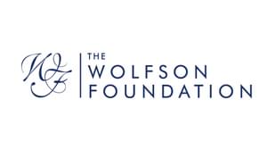 WF in cursive blue letters, next to 'the wolfson foundation' written in thin, blue, capital letters.
