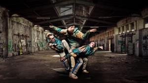 Edited image of one dancer in three positions, in an abandoned warehouse setting